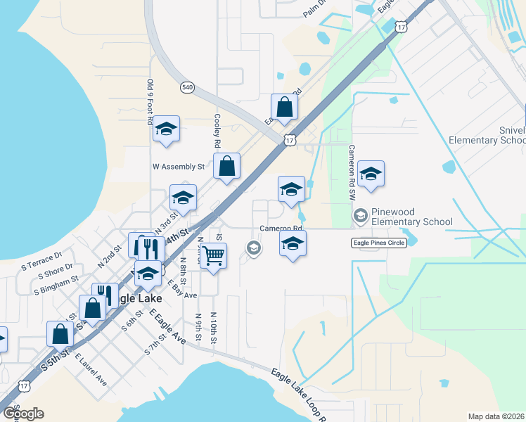 map of restaurants, bars, coffee shops, grocery stores, and more near 2200 Clover Ridge Court in Eagle Lake