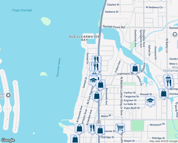 map of restaurants, bars, coffee shops, grocery stores, and more near 1701 North Osceola Avenue in Clearwater