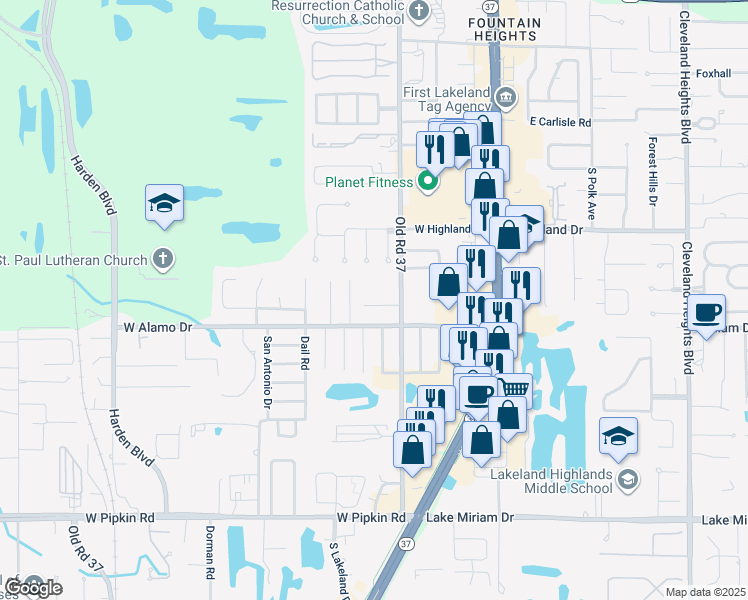 map of restaurants, bars, coffee shops, grocery stores, and more near 413 West Alamo Drive in Lakeland