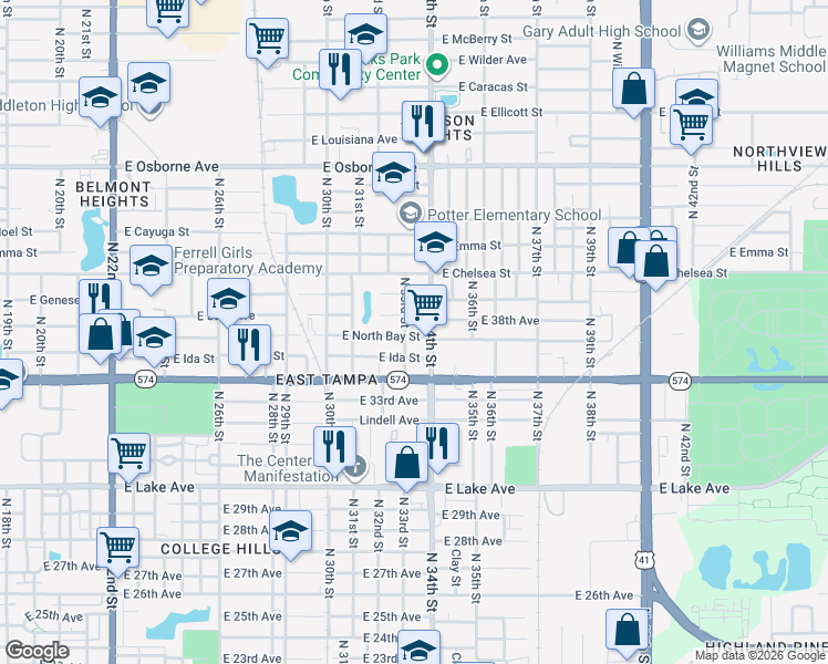 map of restaurants, bars, coffee shops, grocery stores, and more near 3212 East Ida Street in Tampa