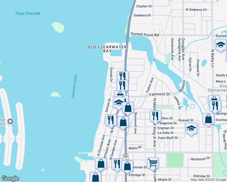map of restaurants, bars, coffee shops, grocery stores, and more near 1701 North Osceola Avenue in Clearwater