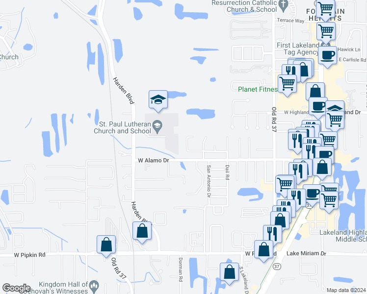 map of restaurants, bars, coffee shops, grocery stores, and more near 726 Zella Lane in Lakeland