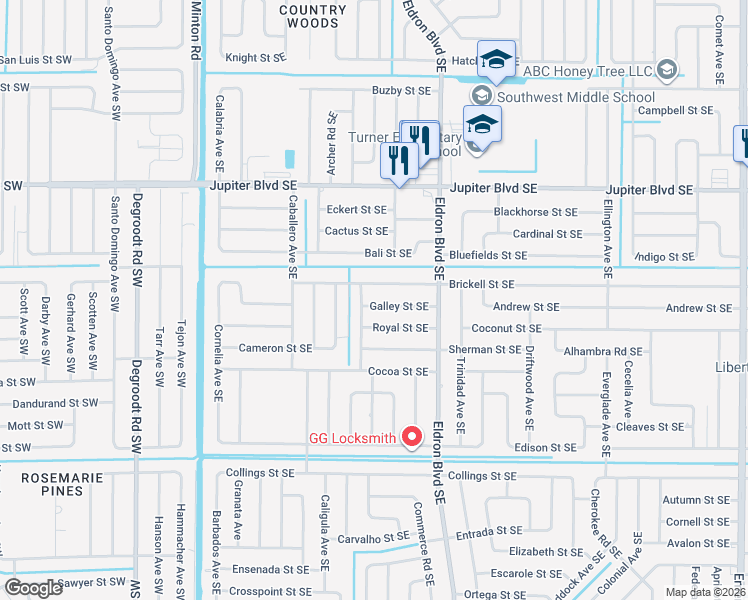 map of restaurants, bars, coffee shops, grocery stores, and more near 315 Galley Street Southeast in Palm Bay