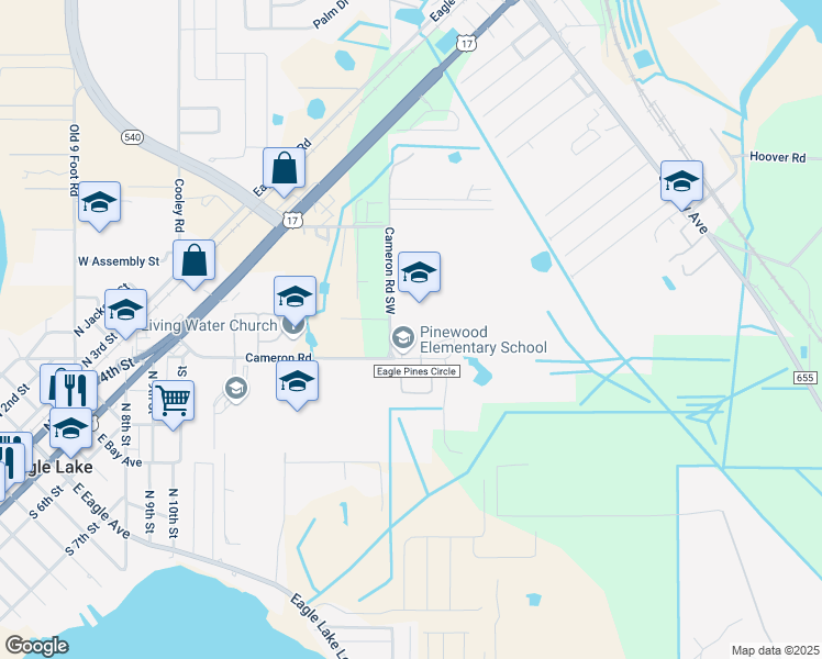 map of restaurants, bars, coffee shops, grocery stores, and more near 1400 Gilbert Street in Eagle Lake