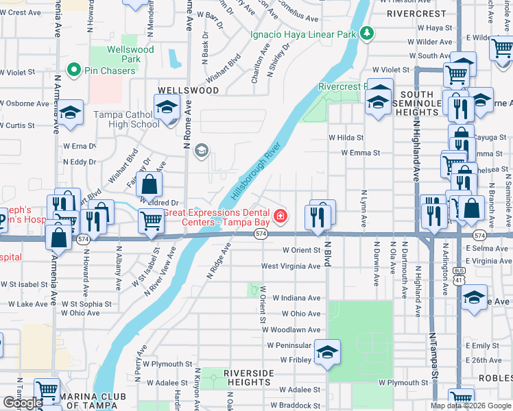 map of restaurants, bars, coffee shops, grocery stores, and more near North Riverside Drive in Tampa
