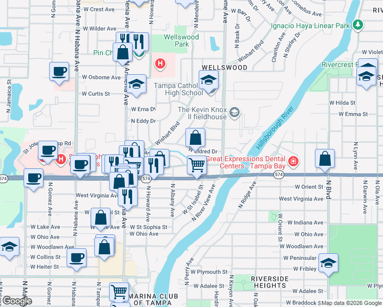 map of restaurants, bars, coffee shops, grocery stores, and more near 1724 West Eldred Drive in Tampa