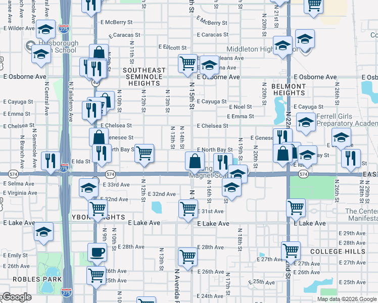 map of restaurants, bars, coffee shops, grocery stores, and more near 4102 North 15th Street in Tampa