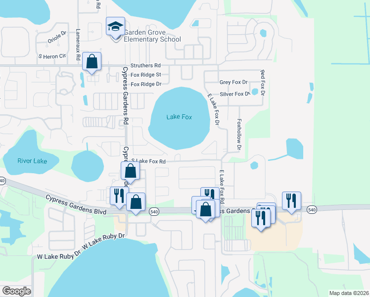 map of restaurants, bars, coffee shops, grocery stores, and more near 43 South Lake Fox Road in Winter Haven