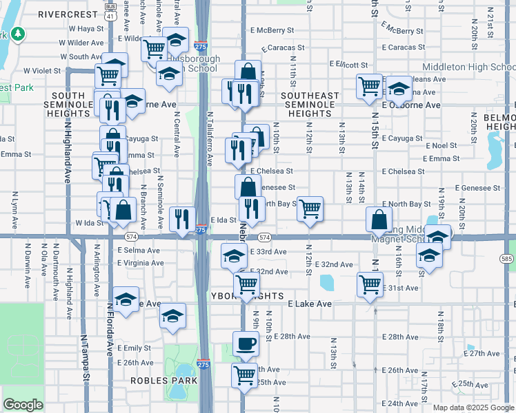 map of restaurants, bars, coffee shops, grocery stores, and more near 907 East North Bay Street in Tampa