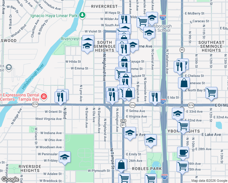 map of restaurants, bars, coffee shops, grocery stores, and more near 115 West Ida Street in Tampa