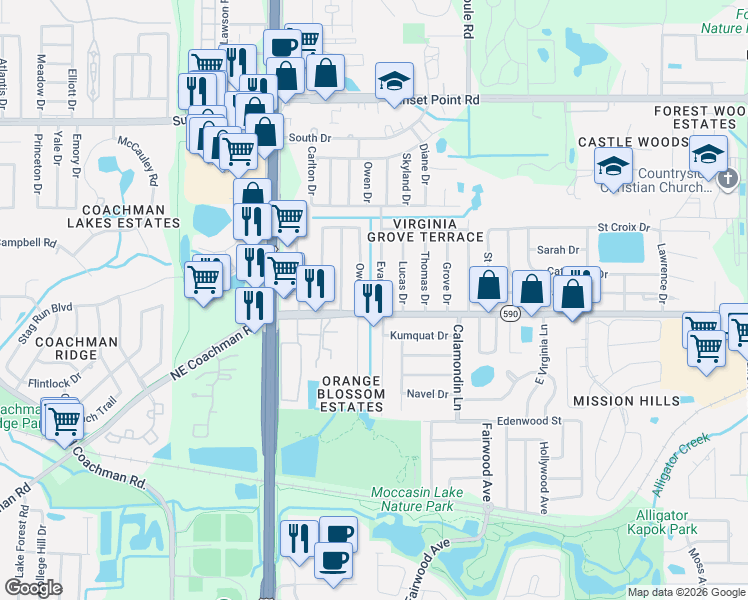 map of restaurants, bars, coffee shops, grocery stores, and more near 2713 West Virginia Lane in Clearwater