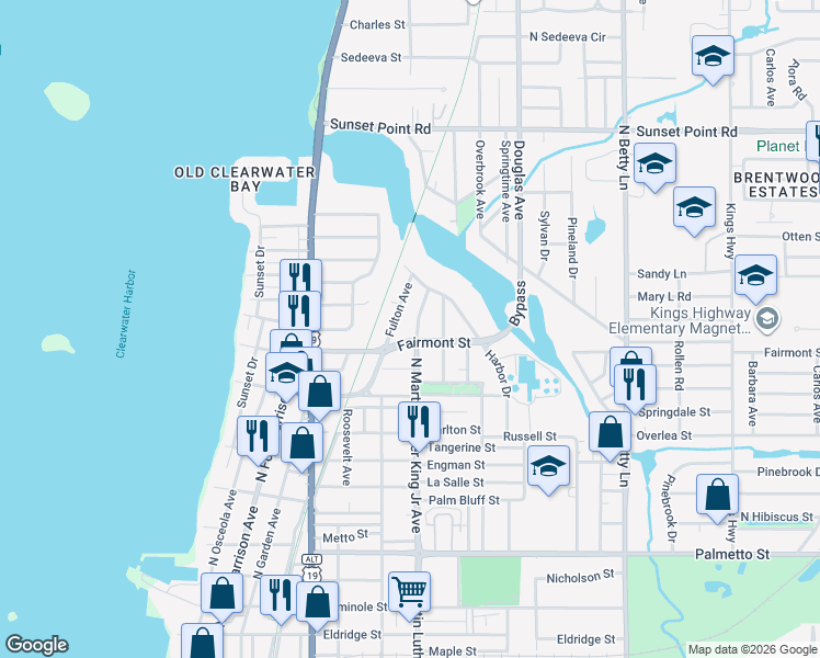 map of restaurants, bars, coffee shops, grocery stores, and more near 1011 Fairmont Street in Clearwater