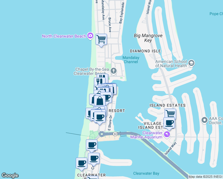 map of restaurants, bars, coffee shops, grocery stores, and more near 501 Mandalay Avenue in Clearwater