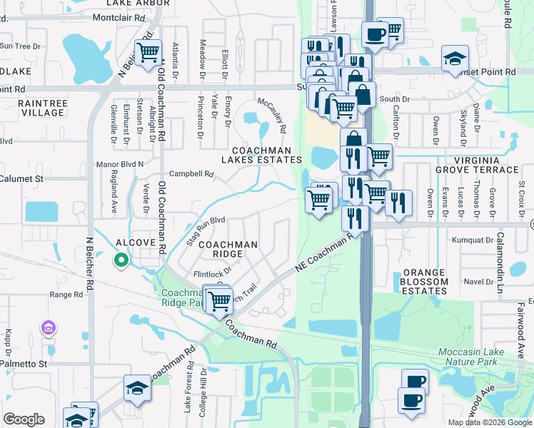 map of restaurants, bars, coffee shops, grocery stores, and more near 2457 Stag Run Boulevard in Clearwater