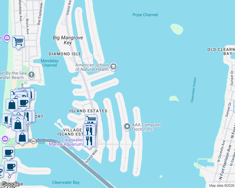 map of restaurants, bars, coffee shops, grocery stores, and more near 442 Midway Island in Clearwater