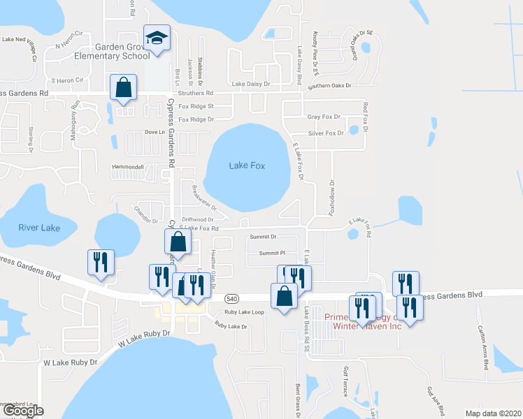 map of restaurants, bars, coffee shops, grocery stores, and more near 43 South Lake Fox Road in Winter Haven