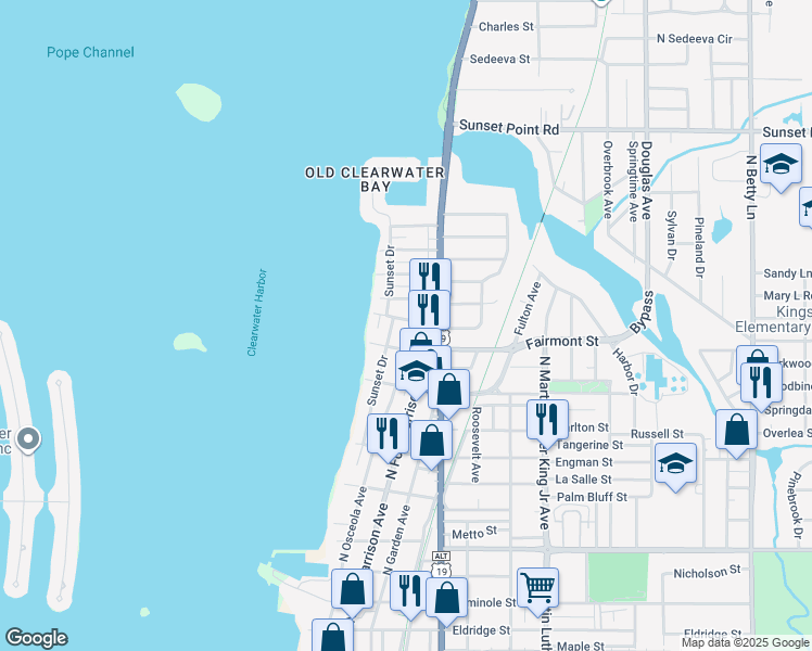 map of restaurants, bars, coffee shops, grocery stores, and more near 403 Pleasant Street in Clearwater
