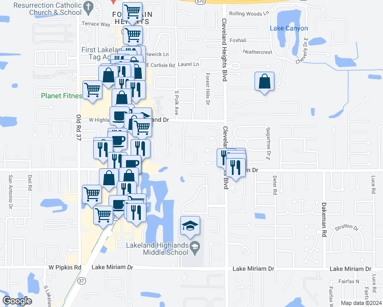map of restaurants, bars, coffee shops, grocery stores, and more near 4622 Mount View Drive in Lakeland