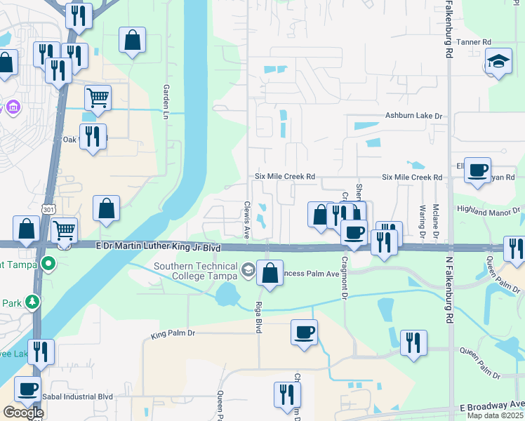 map of restaurants, bars, coffee shops, grocery stores, and more near 4214 Sabal Park Drive in Tampa