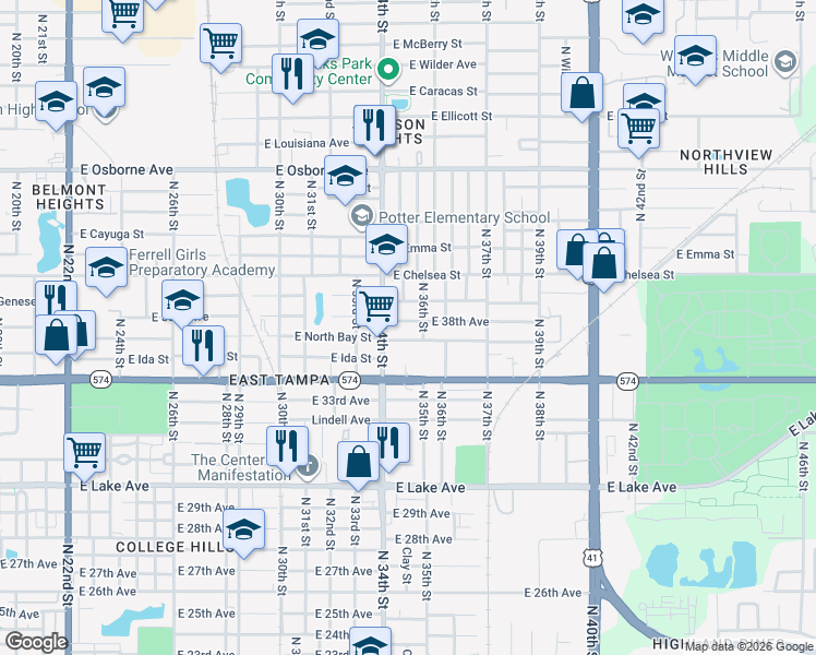 map of restaurants, bars, coffee shops, grocery stores, and more near 3403 East Genesee Street in Tampa