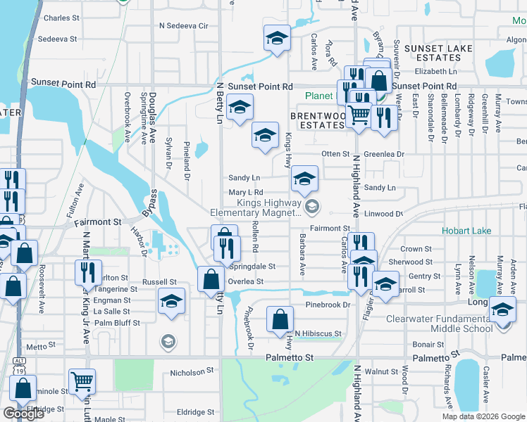 map of restaurants, bars, coffee shops, grocery stores, and more near 1357 Mary L Road in Clearwater