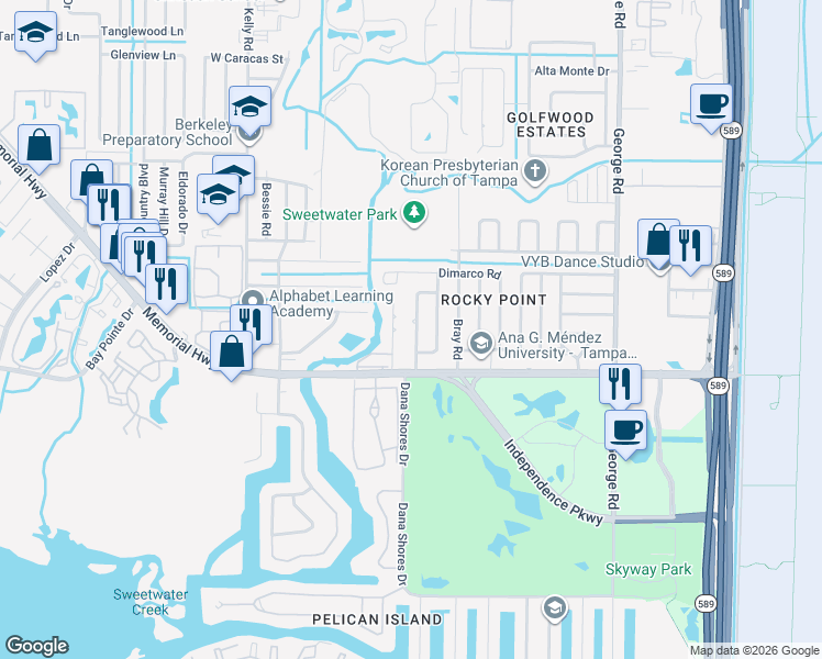 map of restaurants, bars, coffee shops, grocery stores, and more near 4510 Devonshire Road in Tampa