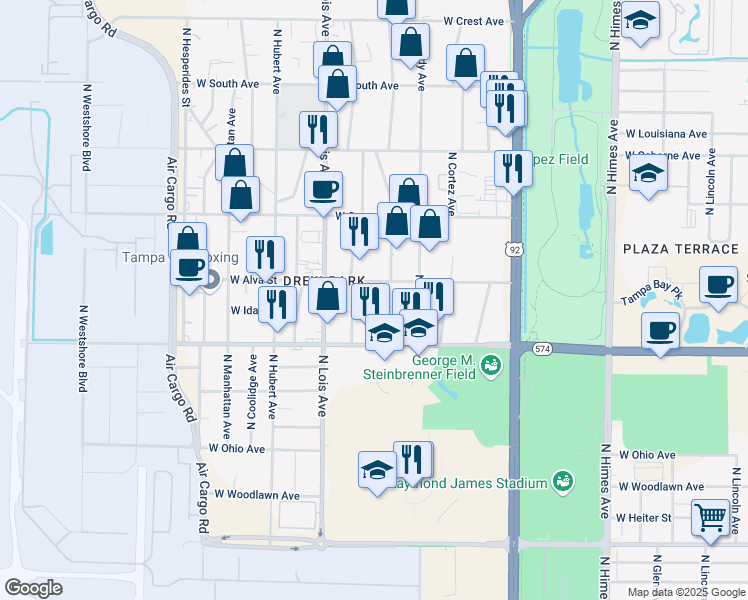 map of restaurants, bars, coffee shops, grocery stores, and more near 4024 West Alva Street in Tampa