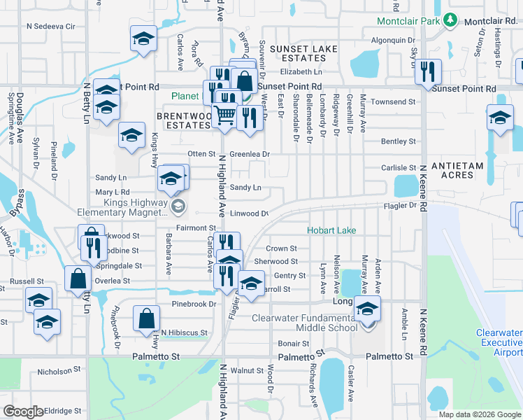 map of restaurants, bars, coffee shops, grocery stores, and more near 1554 Rosemont Drive in Clearwater