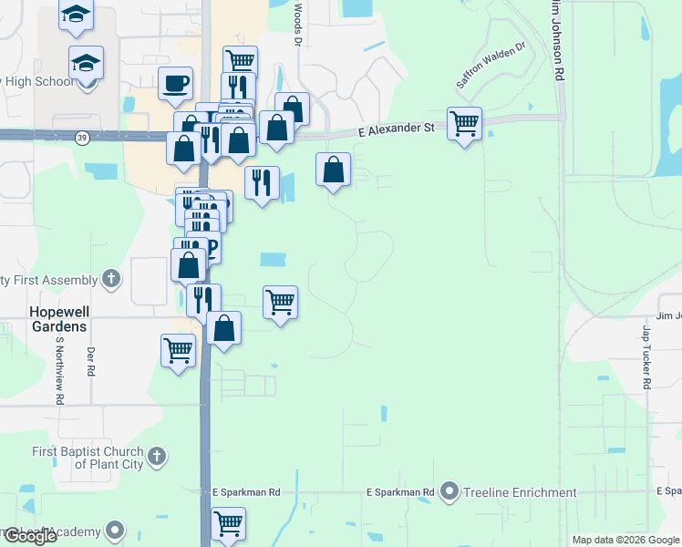 map of restaurants, bars, coffee shops, grocery stores, and more near 2633 Walden Woods Drive in Plant City