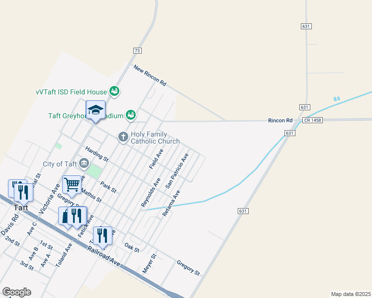 map of restaurants, bars, coffee shops, grocery stores, and more near 750 Reynolds Avenue in Taft
