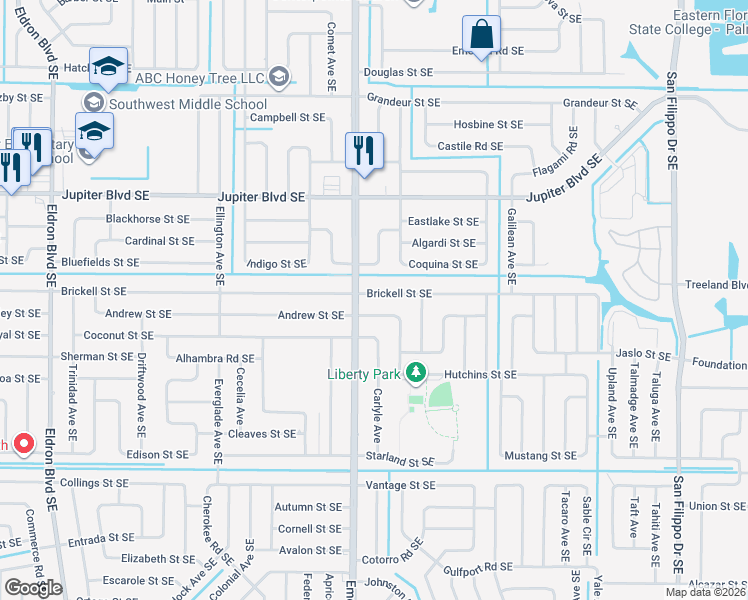 map of restaurants, bars, coffee shops, grocery stores, and more near 891 Brickell Street Southeast in Palm Bay