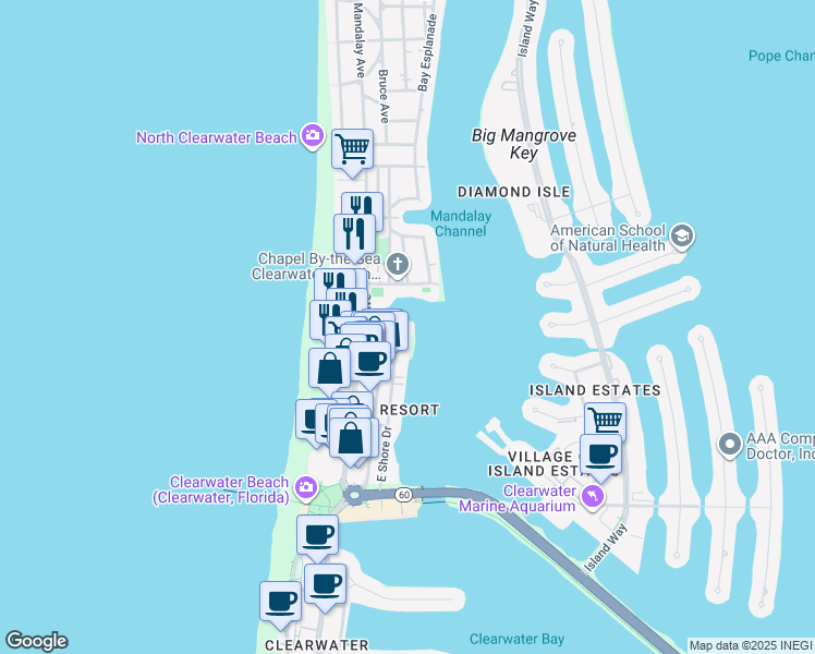 map of restaurants, bars, coffee shops, grocery stores, and more near 51 Bay Esplanade in Clearwater