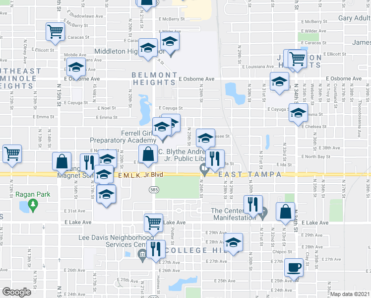 map of restaurants, bars, coffee shops, grocery stores, and more near 2401 East 38th Avenue in Tampa