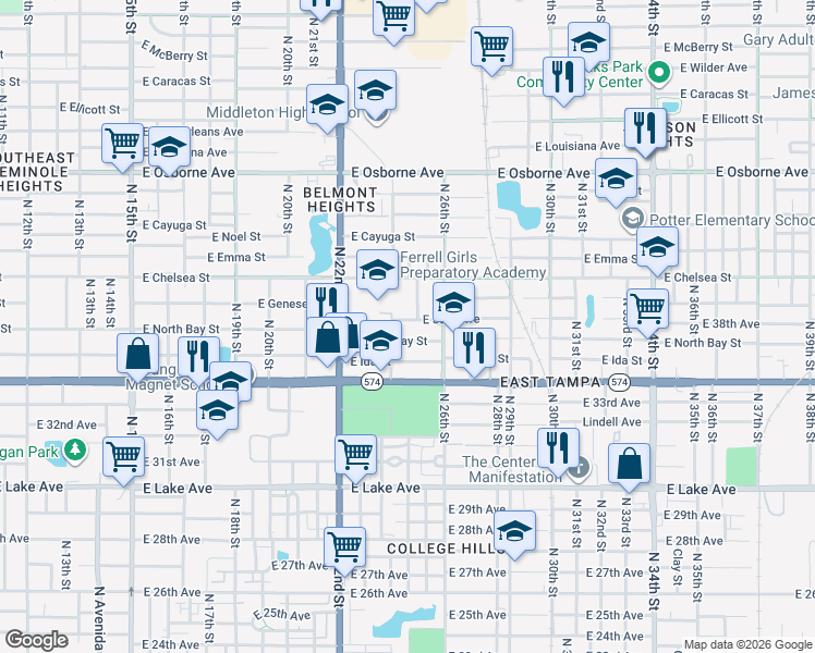 map of restaurants, bars, coffee shops, grocery stores, and more near 2401 East 38th Avenue in Tampa