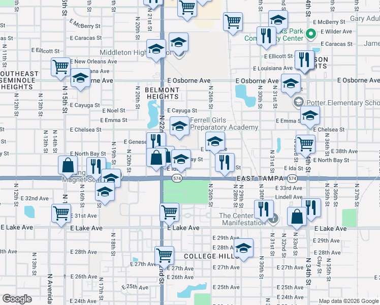 map of restaurants, bars, coffee shops, grocery stores, and more near 2401 East 38th Avenue in Tampa