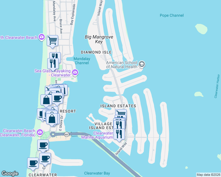 map of restaurants, bars, coffee shops, grocery stores, and more near 480 Island Way in Clearwater
