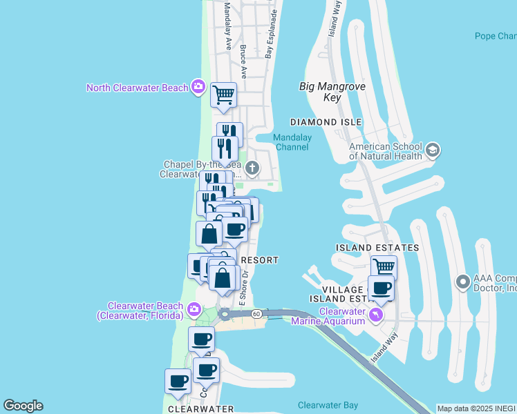 map of restaurants, bars, coffee shops, grocery stores, and more near 51 Bay Esplanade in Clearwater