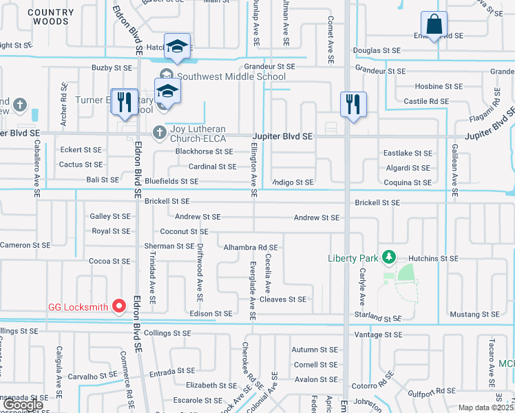 map of restaurants, bars, coffee shops, grocery stores, and more near 621 Ellington Avenue Southeast in Palm Bay