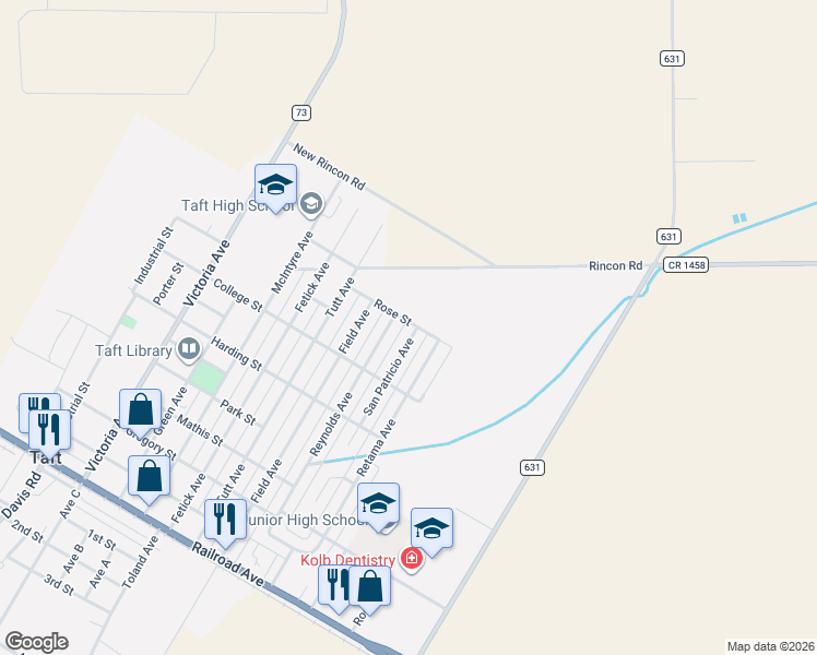 map of restaurants, bars, coffee shops, grocery stores, and more near 750 Reynolds Avenue in Taft