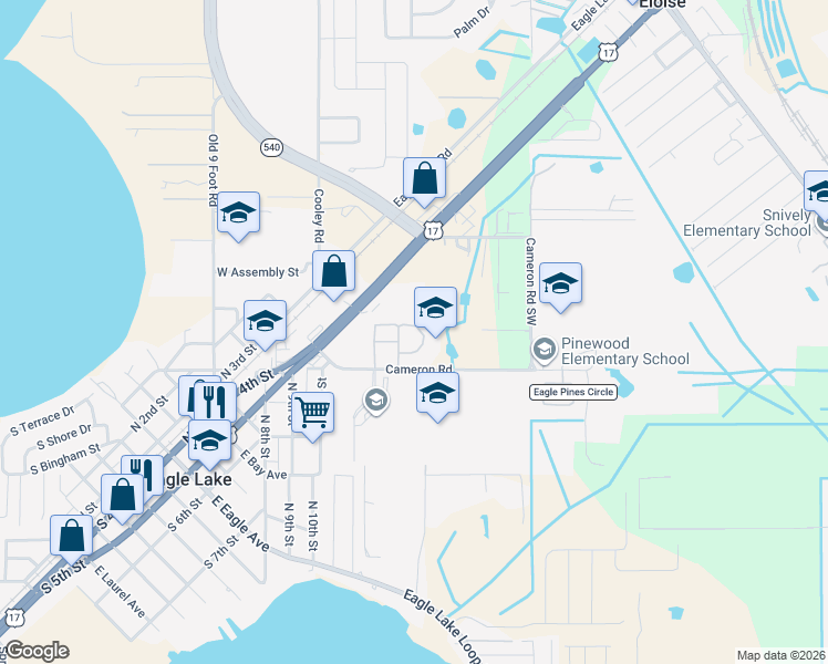 map of restaurants, bars, coffee shops, grocery stores, and more near 2119 Cabernet Court in Eagle Lake