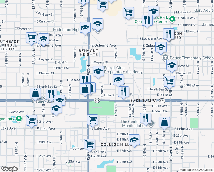 map of restaurants, bars, coffee shops, grocery stores, and more near 2401 East 38th Avenue in Tampa
