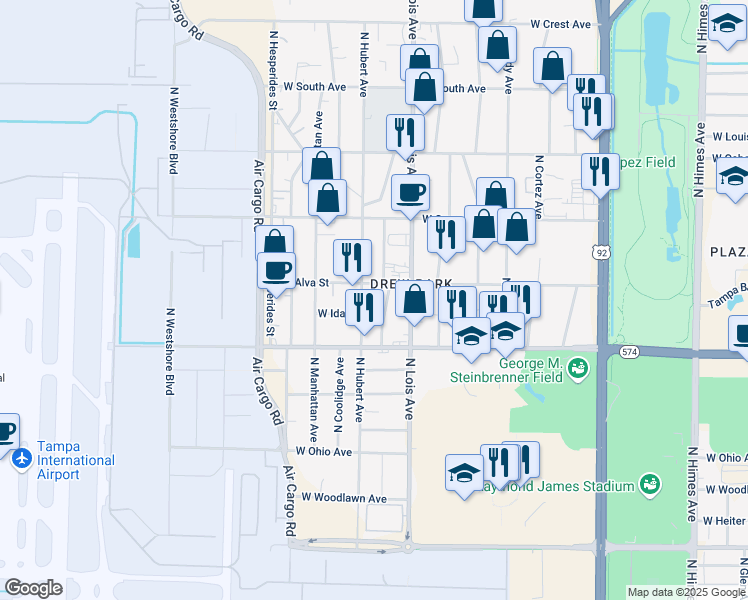 map of restaurants, bars, coffee shops, grocery stores, and more near 4211 West Alva Street in Tampa
