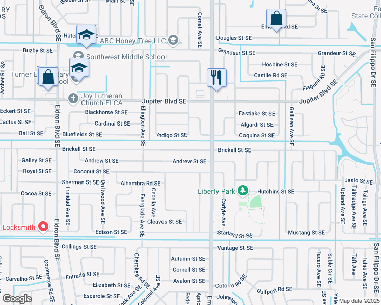 map of restaurants, bars, coffee shops, grocery stores, and more near 790 Brickell Street Southeast in Palm Bay
