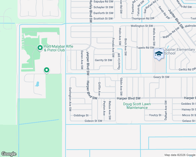 map of restaurants, bars, coffee shops, grocery stores, and more near 1253 Hathaway Road Southwest in Palm Bay