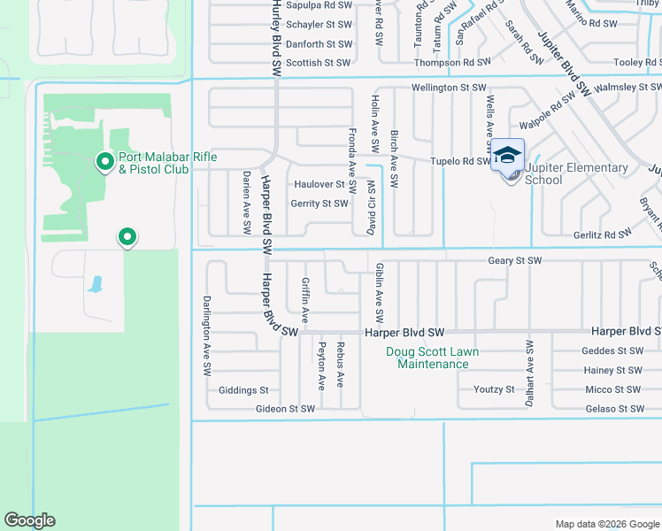 map of restaurants, bars, coffee shops, grocery stores, and more near 1299 Landau Road Southwest in Palm Bay