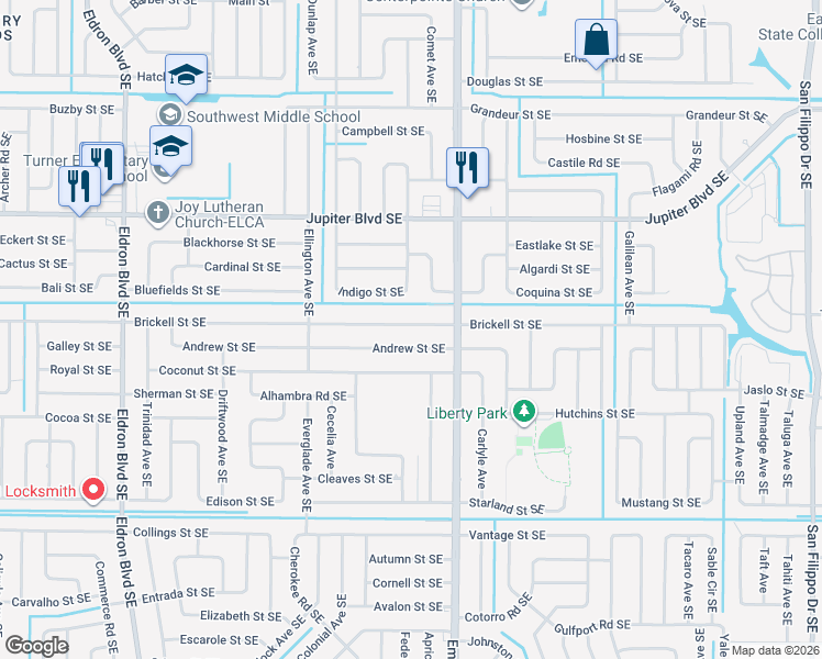 map of restaurants, bars, coffee shops, grocery stores, and more near 790 Brickell Street Southeast in Palm Bay