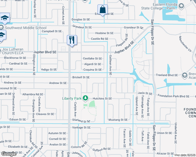 map of restaurants, bars, coffee shops, grocery stores, and more near 998 Brickell Street Southeast in Palm Bay