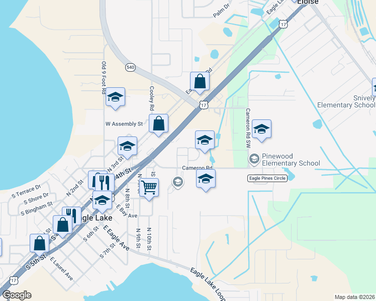 map of restaurants, bars, coffee shops, grocery stores, and more near 2060-2098 Clover Ridge Court in Eagle Lake