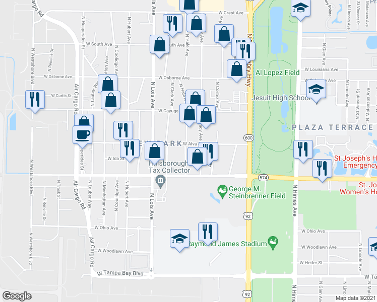 map of restaurants, bars, coffee shops, grocery stores, and more near 4008 West Alva Street in Tampa