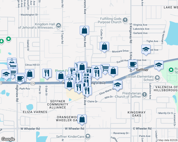 map of restaurants, bars, coffee shops, grocery stores, and more near 603 Grove Avenue in Seffner